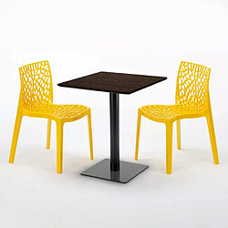 Avis Grand Soleil Table carrée 60x60 pied noir et surface bois avec 2 chaises colorées Gruvyer Kiss - Jaune