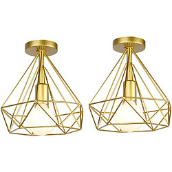 Stoex Lot de 2 Plafonnier industriel retro cage forme diamant luminaire abat-jour 25cm Lot de 2 Plafonnier industriel retro cage forme diamant luminaire abat-jour 25cm corde ajustable E27 Or