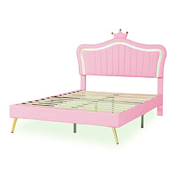 ComfortXL Lit Pour Enfants En Cuir Pu 140 X 200 Cm Avec Lumières Led, Motif De Couronne Rose, Avec Sommier À L