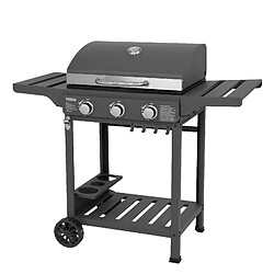 Barbecue à Gaz Portable Kekai Leech 118,5x57,5x104,5cm 9 kW avec 3 Brûleurs, Thermomètre, Tables Latérales, Étagère et Roulettes