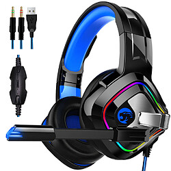 General Casque de jeu avec microphone, casque supra-auriculaire avec lumière LED, compatible avec PS4 PS5 Xbox PC portable, bandeau à réglage automatique, micro antibruit, 7.1 Stéréo Surround(bleu)