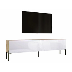 3XELIVING Meuble TV en couleur Chêne wotan / Blanc Brillant avec pieds droits en noir, D: l : 170 cm, H : 52 cm, P : 32 cm