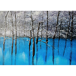 Mendler Tableau à l'huile, lac bleu, peint à la main à 100%, toile de décoration murale XL ~ 140x70cm