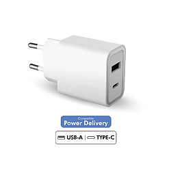 Double Chargeur maison USB A+C PD 37W (12+25W) Power Delivery Garanti à vie Blanc Force Power Lite 