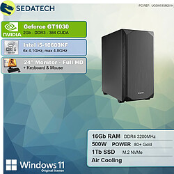 Sedatech Pack PC de bureau • Intel i5-10600KF • GT1030 • 16Go RAM • 1To SSD M.2 • Windows 11 • Moniteur 24"