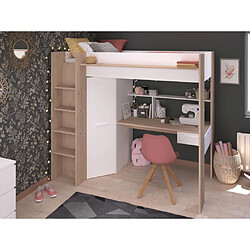 Vente-Unique Lit mezzanine avec bureau et armoire - 90 x 200 cm - Coloris : Blanc et naturel + matelas - AUCKLAND