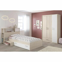 Youdoit Chambre enfant complete - Tête de lit + lit + armoire - acacia clair et blanc