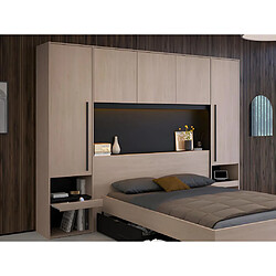 Avis Vente-Unique Lit pont 140 x 190 cm avec rangements - Avec LEDs - Coloris : Naturel et noir + Sommier + Matelas - VELONA