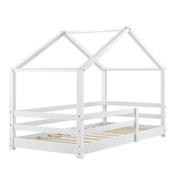 Decoshop26 Lit cabane pour enfant forme de maison avec barrière de sécurité en bois de pin blanc 70 x 140 cm 03_0005521