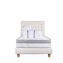 LUXURY LITERIE Ensemble matelas ViscoPlus 90x190 cm + sommier beige ep20cm + oreiller + couette + Tête de Lit pas cher