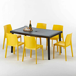 Grand Soleil Table rectangulaire et 6 chaises Poly rotin colorées 150x90cm noir Enjoy, Chaises Modèle: Rome jaune 