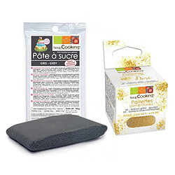 Scrapcooking Pâte à sucre grise 100 g + paillettes dorées