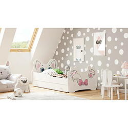 HT MEUBLES Lit enfant fille mouna avec tiroir matelas et cadre inclus Lit enfant fille mouna avec tiroir matelas et cadre inclus - Chat rose - 160 cm x 80 cm