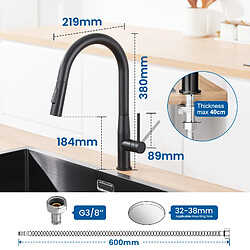 Acheter Auralum MAX Évier Cuisine 1 Bac 60*44*20CM,inox 304,à Encastrer/sous-plan avec Panier Drainage,Noir+Robinet Cuisine avec Douchette Extractible,Noir