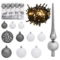 vidaXL Set de boules de Noël avec pic et 150 LED 61 pcs Blanc et gris