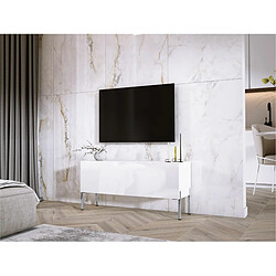 3XELIVING Meuble TV en couleur Blanc mat / Blanc brillant avec pieds droits en chrome, D: l : 100 cm, H : 52 cm, P : 32 cm