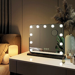 EMKE Miroir de maquillage Hollywood Miroir grossissant avec Ampoules LED Interrupteur tactile 3 couleurs dimmable Rotation à 360° - Cadre Noir 47 x 38 cm 