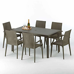 Grand Soleil Table rectangulaire 6 chaises Poly rotin resine 150x90 marron Focus, Chaises Modèle: Bistrot Arm Marron Moka