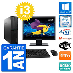 PC Lenovo M800 SFF Ecran 22" Intel i3-6100 RAM 64Go Disque 1To Windows 10 Wifi - Occasion