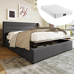 KOMHTOM Lit Capitonné Double Hydraulique 160X200cm - Sommier À Lattes En Bois - Lit En Métal et Lin - Gris - Matelas Inclus