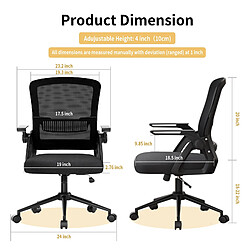 Chaise de bureau ergonomique avec accoudoirs rabattables à 90° et support lombaire - Chaise d'ordinateur Rattantree réglable en hauteur - Chaise de bureau pivotante réglable à bascule 90-105° - Noir pas cher