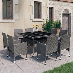 Salle à dîner de jardin 9 pcs,Table et chaise à manger Résine tressée et verre Gris -MN31743