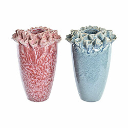 Vase DKD Home Decor Rose Turquoise Grès Fleur méditerranéen 18 x 18 x 25 cm 16 x 16 x 26 cm (2 Unités)