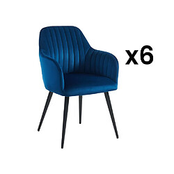 Vente-Unique Lot de 6 chaises avec accoudoirs en velours et métal noir - Bleu - ELEANA 