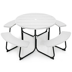 Helloshop26 Ensemble table de pique-nique avec 4 bancs intégrés ensemble de jardin table de pique-nique circulaire 135 kg trou pour parasol 190 x 76 cm blanc 20_0008515