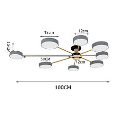 Universal Plafonnier LED rond en fer gris en bois à 8 têtes, adapté au salon, à la chambre et au couloir