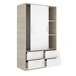 Acheter Pegane Armoire, meuble de rangement en bois mélaminé avec 2 portes coulissantes et 4 tiroirs coloris chêne naturel, blanc - Longueur 120 x Profondeur 60 x Hauteur 204 cm