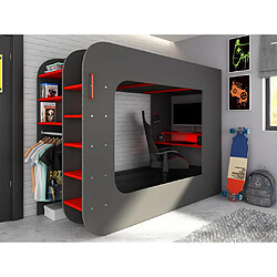 Vente-Unique Lit mezzanine gamer 90 x 200 cm - Avec bureau et rangements - Avec LEDs - Anthracite et rouge + matelas - WARRIOR 