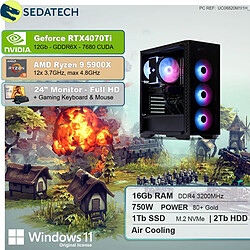 Sedatech Pack PC Gamer Pro • AMD Ryzen 9 5900X • RTX4070Ti • 16Go RAM • 1To SSD M.2 • 2To HDD • Windows 11 • Moniteur 24"