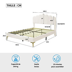 RAVAS Lit rembourré lit double 140 x 200 cm, cadre de lit avec tête de lit et sommier à lattes, tissu velours beige doux pour la peau pas cher