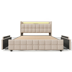 Sweiko Lit avec tiroirs Lit rembourré recharge USB Tête de lit et éclairage LED et 4 tiroirs Lit double 160x200 cm Lits de rangement Beige