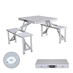 Ensemble Marbueno: Table et 4 Sièges avec Trou pour Parasol Pliable Aluminium Gris Camping Plage 136X85X67 cm 10439