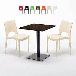 Grand Soleil Table carrée 60x60 pied noir et plateau bois avec 2 chaises colorées Paris Kiss - Beige