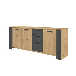 Avis But Buffet 3 portes 3 tiroirs STAN 220cm imitation chêne artisan et gris