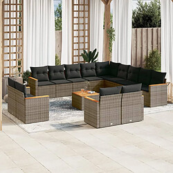 vidaXL Salon de jardin avec coussins 14 pcs gris résine tressée