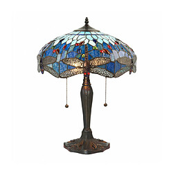 Interiors 1900 Lampe de table moyenne à 2 lumières, bronze foncé, bleu, verre de style Tiffany, E27