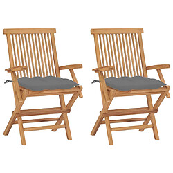 vidaXL Chaises de jardin avec coussins gris lot de 2 Bois teck massif