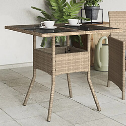 vidaXL Table de jardin dessus en verre beige 80x80x75cm résine tressée