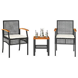 vidaXL Ensemble de bistro 3 pcs et coussins noir résine tressée acacia 