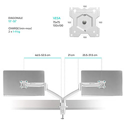 ONKRON Support Ecran PC 2 Ecran pour 13" - 32" Moniteur, Bras Double Ecran PC Poids de 9 kg Chacun - Pied Ecran PC Double VESA 75x75 - 100x100 mm/Bras Ecran Inclinable Pivotant Orientable G200-W Blanc