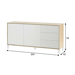 Pegane Buffet avec 2 portes et 3 tiroirs coloris chêne canadien / blanc artic - Hauteur 74 x Longueur 154 x Profondeur 41 cm