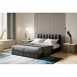 TRADA Lit adulte 200x200 cm CITY - avec matelas ressorts intégré, rangement et surmatelas - tissu velours – gris foncé