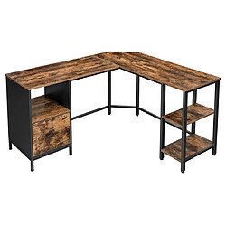 Helloshop26 Bureau d'angle table en forme de l avec caisson à dossiers suspendus 2 étagères bureau à domicile montage facile cadre en acier style industriel marron rustique et noir 12_0001336 