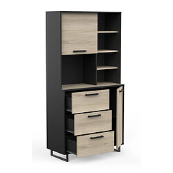 Avis Pegane Buffet de cuisine 2 portes + 3 tiroirs coloris chêne kronberg, noir mat - Longueur 92 x Hauteur 179,50 x Profondeur 39,70 cm