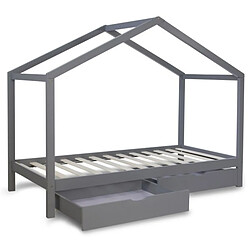 Homestyle4U Lit enfant avec matelas 90x200 Lit cabane Lit enfant Lit en bois Gris Tiroir de lit bébé