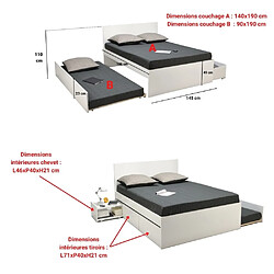 Avis Le Quai Des Affaires Lit double ALPHA 140x190 + 2 tiroirs + tiroir lit 90x190 avec sommier + chevet / Blanc